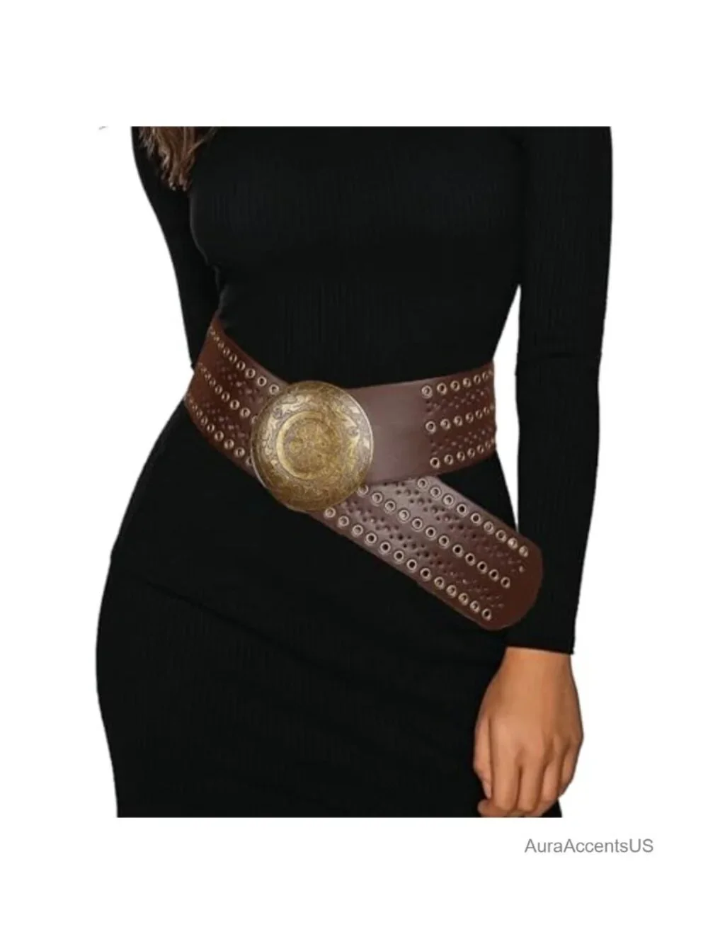 Women Boho Western PU-Leather Belt Floral Embossed Concho